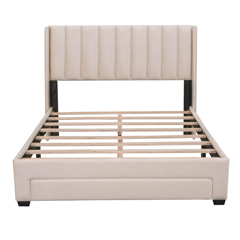 Full Size Storage Bed Velvet Upholstered Platform Bed with a Big Drawer - Beige - Supfirm