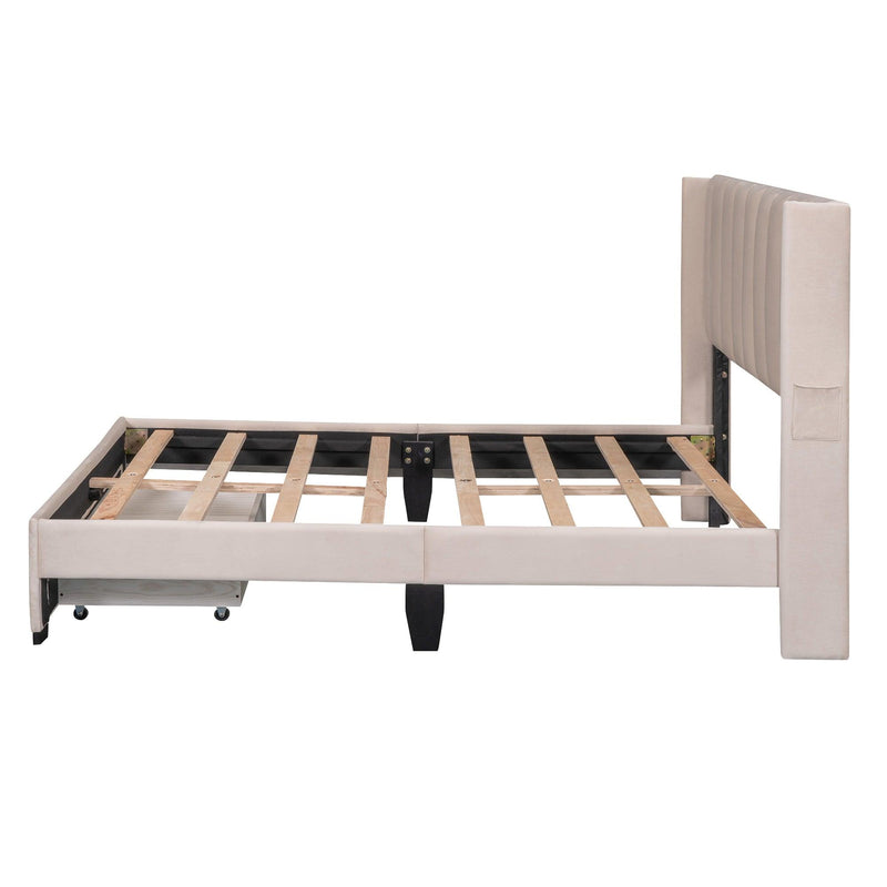 Full Size Storage Bed Velvet Upholstered Platform Bed with a Big Drawer - Beige - Supfirm