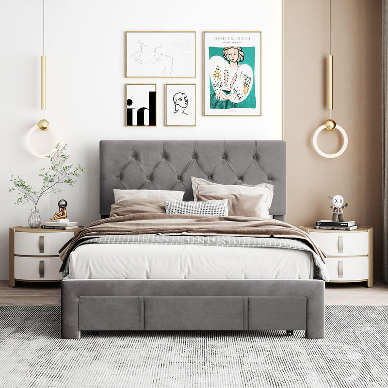 Full Size Storage Bed Velvet Upholstered Platform Bed with a Big Drawer - Grey - Supfirm