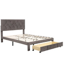 Full Size Storage Bed Velvet Upholstered Platform Bed with a Big Drawer - Grey - Supfirm