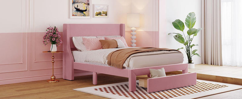 Full Size Storage Bed Velvet Upholstered Platform Bed with a Big Drawer - Pink - Supfirm