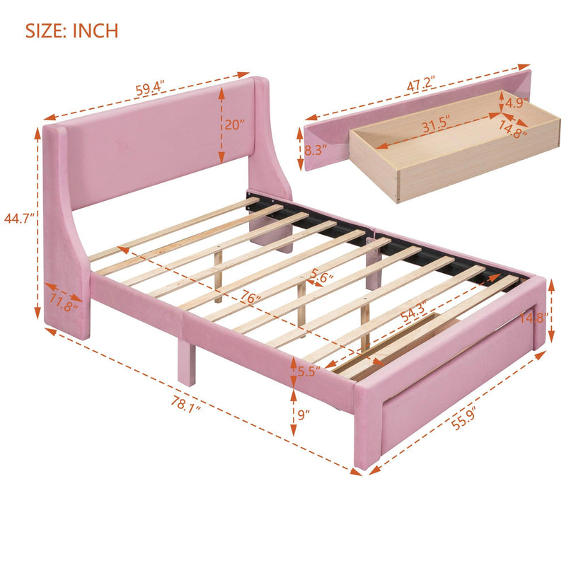 Full Size Storage Bed Velvet Upholstered Platform Bed with a Big Drawer - Pink - Supfirm