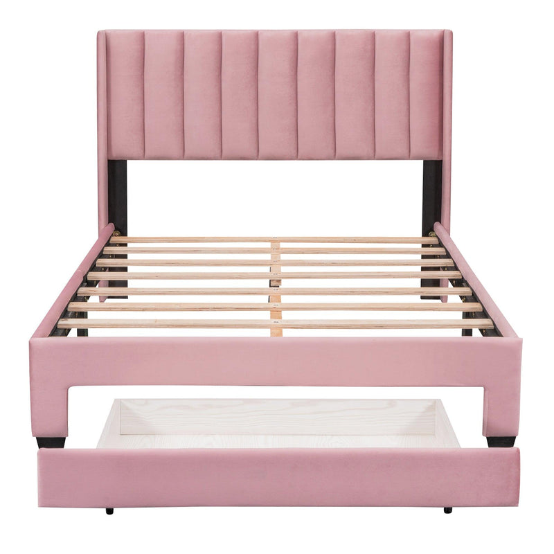 Full Size Storage Bed Velvet Upholstered Platform Bed with a Big Drawer - Pink - Supfirm