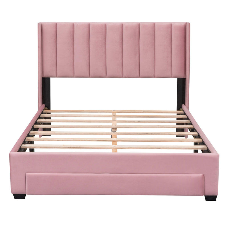 Full Size Storage Bed Velvet Upholstered Platform Bed with a Big Drawer - Pink - Supfirm