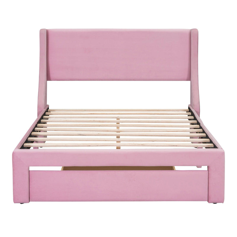 Full Size Storage Bed Velvet Upholstered Platform Bed with a Big Drawer - Pink - Supfirm