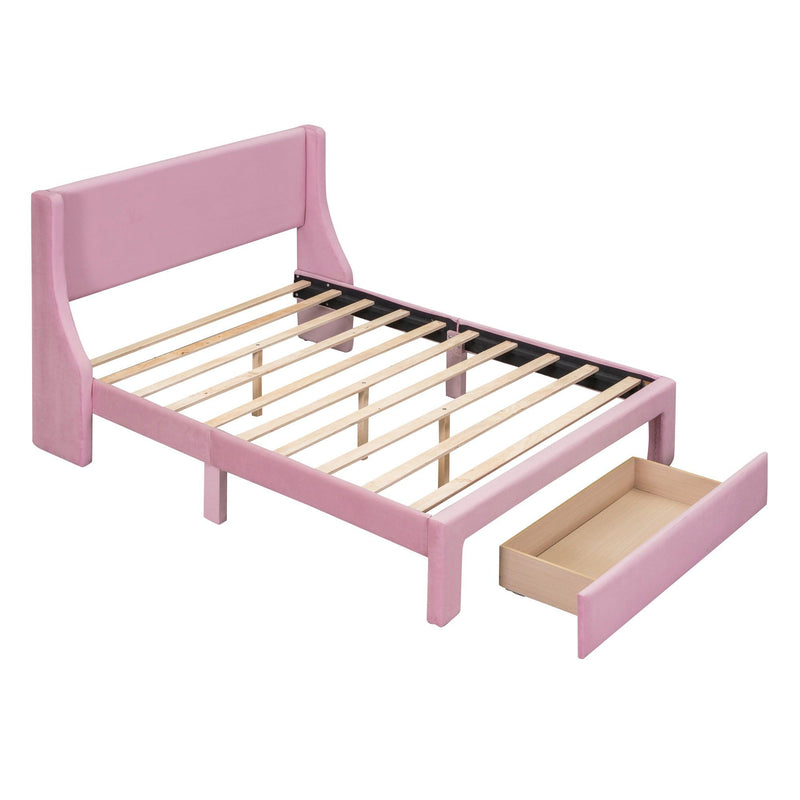 Full Size Storage Bed Velvet Upholstered Platform Bed with a Big Drawer - Pink - Supfirm