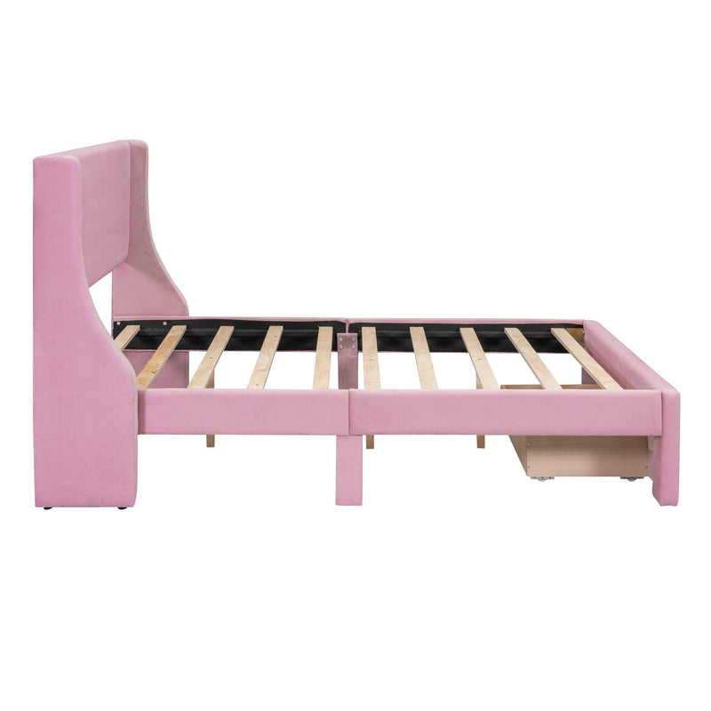 Full Size Storage Bed Velvet Upholstered Platform Bed with a Big Drawer - Pink - Supfirm