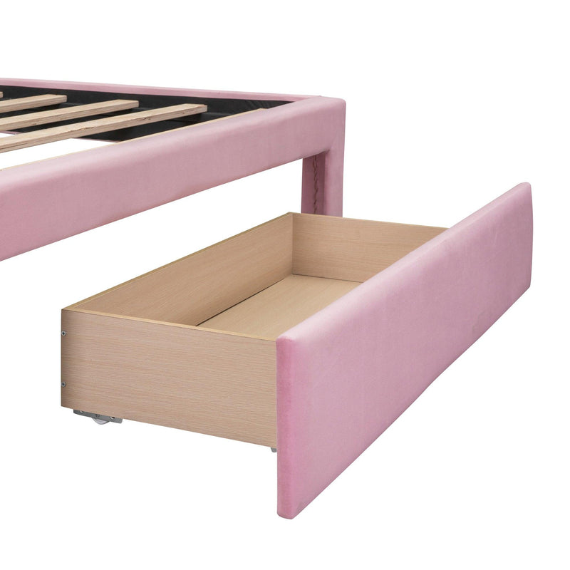 Full Size Storage Bed Velvet Upholstered Platform Bed with a Big Drawer - Pink - Supfirm