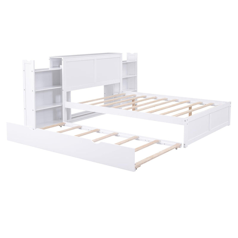 Full Size Storage Platform Bed with Pull Out Shelves and Twin Size Trundle, White - Supfirm