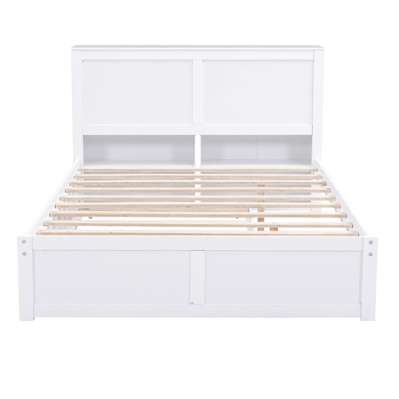 Full Size Storage Platform Bed with Pull Out Shelves and Twin Size Trundle, White - Supfirm