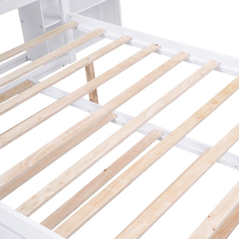 Full Size Storage Platform Bed with Pull Out Shelves and Twin Size Trundle, White - Supfirm