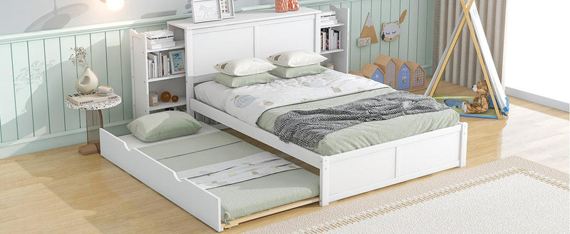 Full Size Storage Platform Bed with Pull Out Shelves and Twin Size Trundle, White - Supfirm