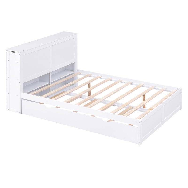 Full Size Storage Platform Bed with Pull Out Shelves and Twin Size Trundle, White - Supfirm