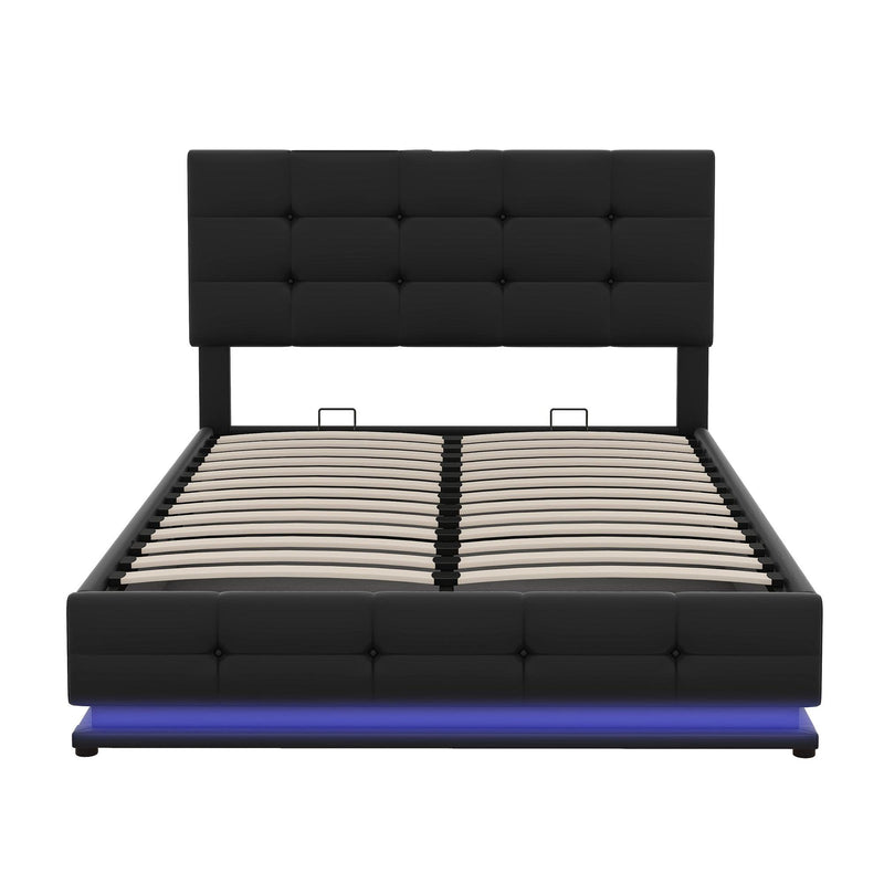 Full Size Tufted Upholstered Platform Bed with Hydraulic Storage System,PU Storage Bed with LED Lights and USB charger, Black - Supfirm