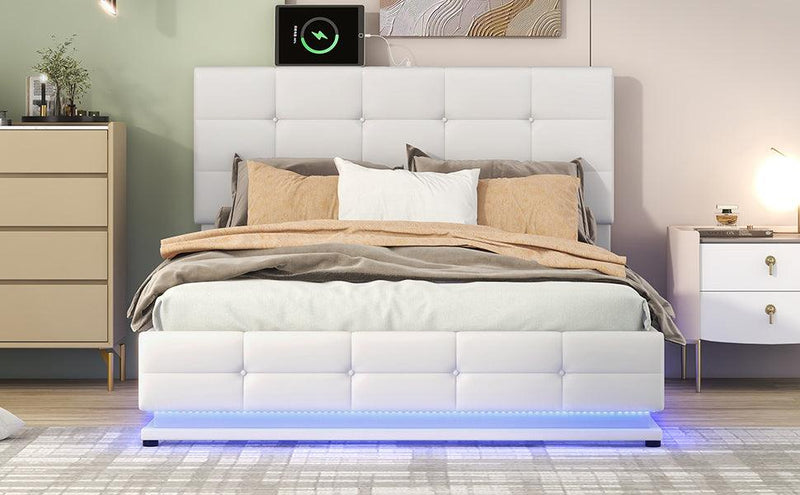 Full Size Tufted Upholstered Platform Bed with Hydraulic Storage System,PU Storage Bed with LED Lights and USB charger, White(Expected Arrival Time: 5.15,AT) - Supfirm