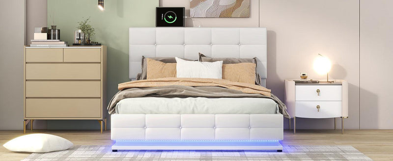 Full Size Tufted Upholstered Platform Bed with Hydraulic Storage System,PU Storage Bed with LED Lights and USB charger, White(Expected Arrival Time: 5.15,AT) - Supfirm