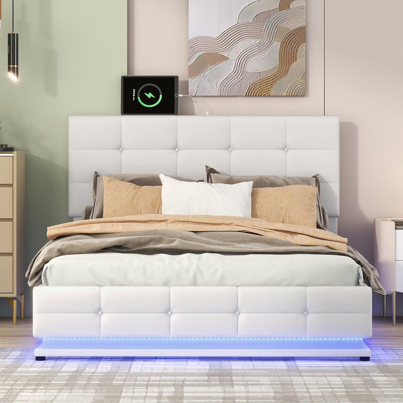 Full Size Tufted Upholstered Platform Bed with Hydraulic Storage System,PU Storage Bed with LED Lights and USB charger, White(Expected Arrival Time: 5.15,AT) - Supfirm