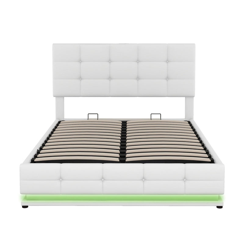 Full Size Tufted Upholstered Platform Bed with Hydraulic Storage System,PU Storage Bed with LED Lights and USB charger, White(Expected Arrival Time: 5.15,AT) - Supfirm