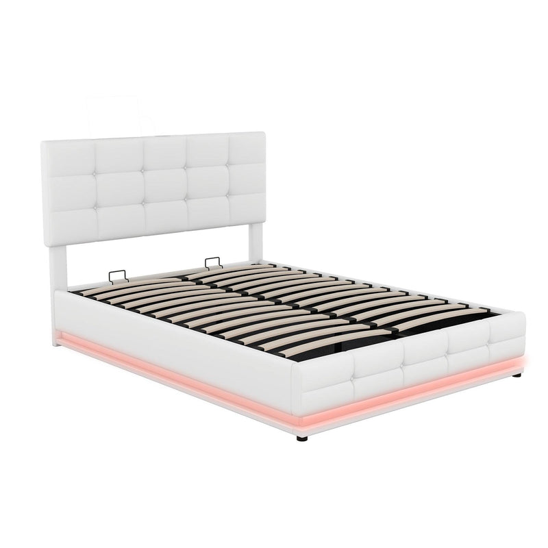 Full Size Tufted Upholstered Platform Bed with Hydraulic Storage System,PU Storage Bed with LED Lights and USB charger, White(Expected Arrival Time: 5.15,AT) - Supfirm