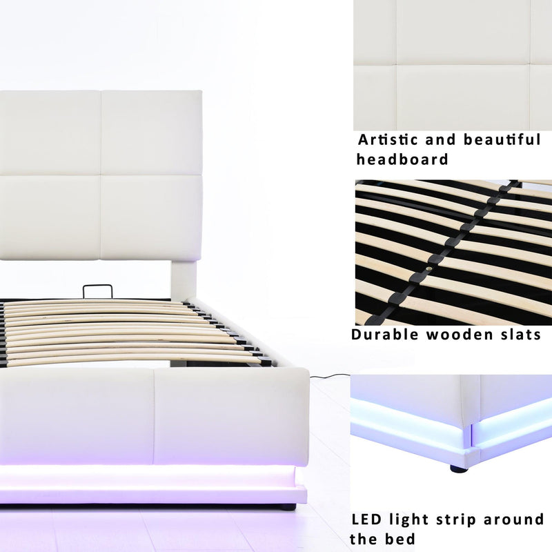 Full Size Tufted Upholstered Platform Bed with Hydraulic Storage System,PU Storage Bed with LED Lights and USB charger, White - Supfirm