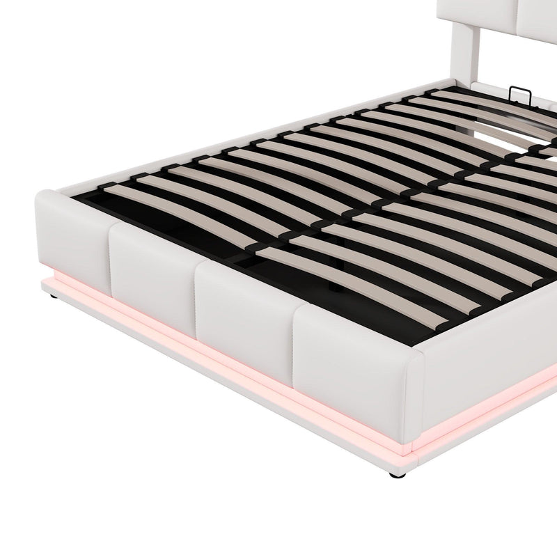 Full Size Tufted Upholstered Platform Bed with Hydraulic Storage System,PU Storage Bed with LED Lights and USB charger, White - Supfirm