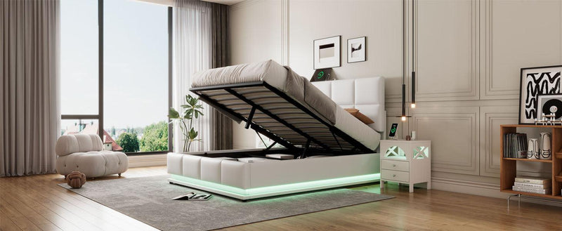 Full Size Tufted Upholstered Platform Bed with Hydraulic Storage System,PU Storage Bed with LED Lights and USB charger, White - Supfirm