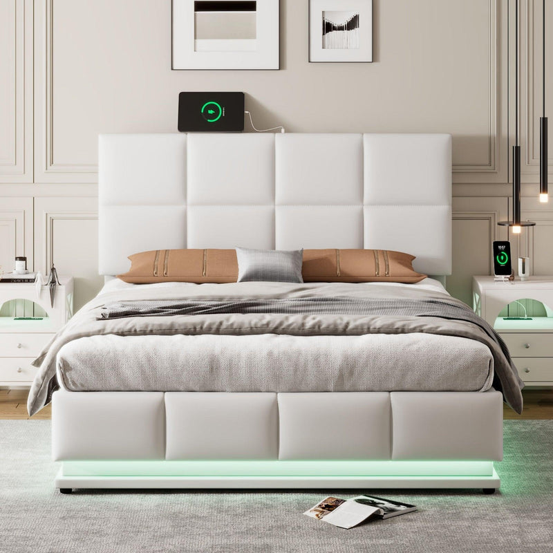 Full Size Tufted Upholstered Platform Bed with Hydraulic Storage System,PU Storage Bed with LED Lights and USB charger, White - Supfirm