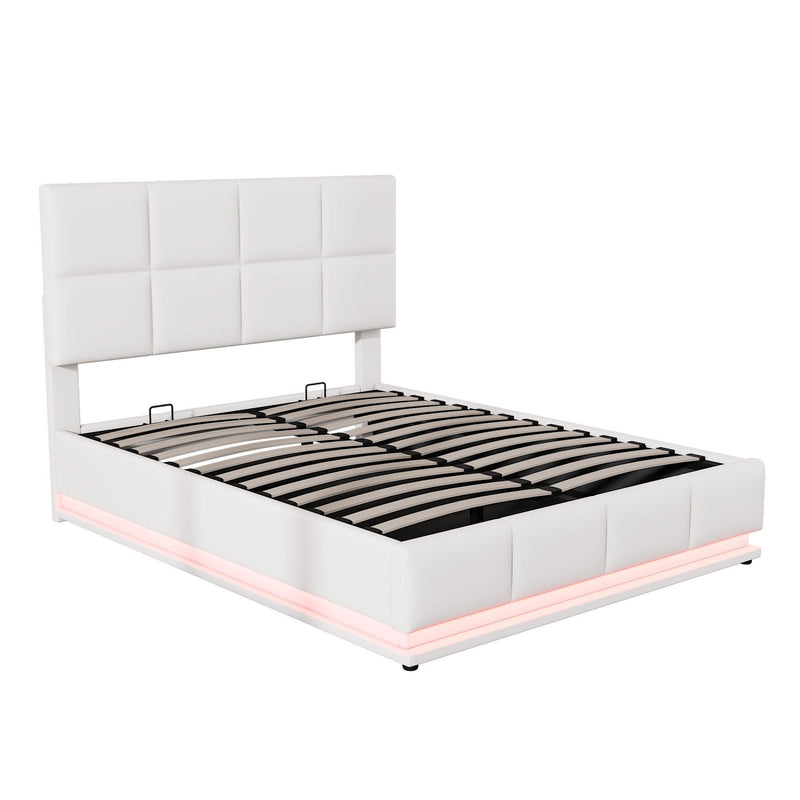 Full Size Tufted Upholstered Platform Bed with Hydraulic Storage System,PU Storage Bed with LED Lights and USB charger, White - Supfirm