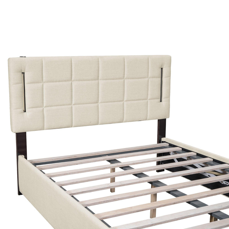 Full Size Upholstered Bed with Hydraulic Storage System and LED Light, Beige - Supfirm