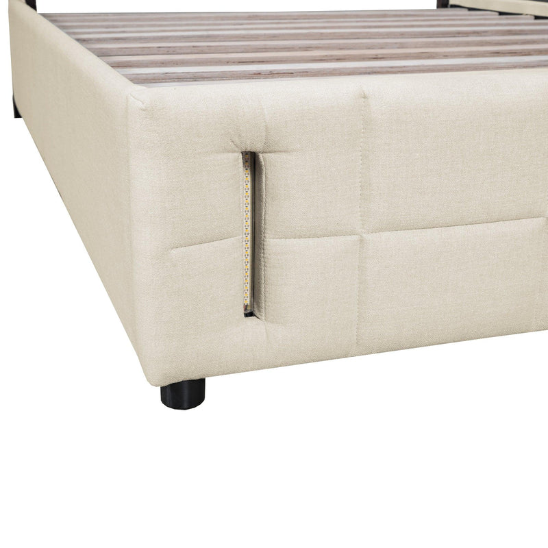 Full Size Upholstered Bed with Hydraulic Storage System and LED Light, Beige - Supfirm