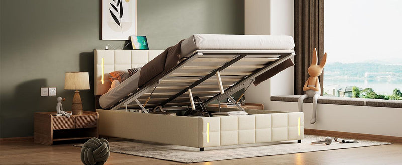 Full Size Upholstered Bed with Hydraulic Storage System and LED Light, Beige - Supfirm