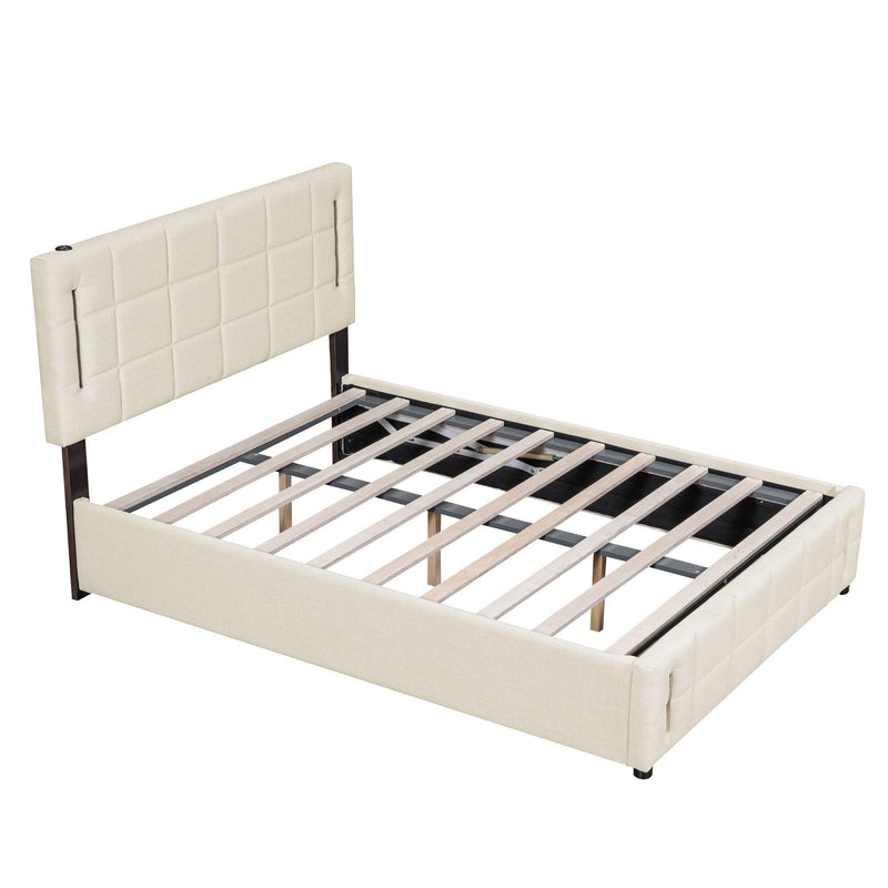 Full Size Upholstered Bed with Hydraulic Storage System and LED Light, Beige - Supfirm