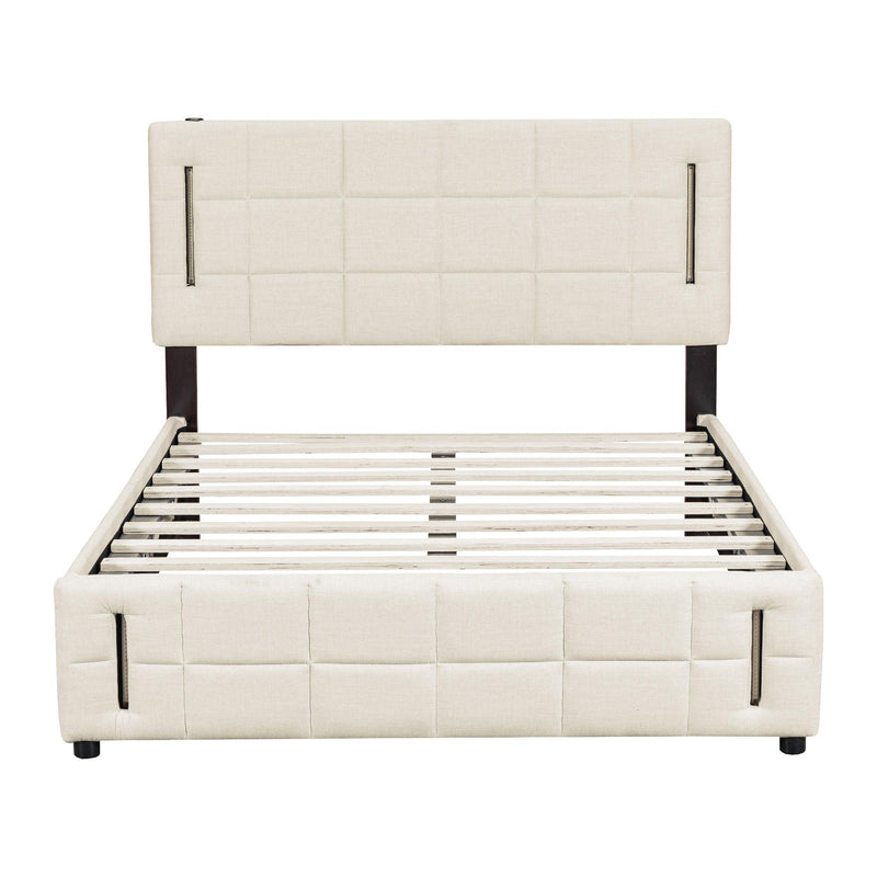 Full Size Upholstered Bed with Hydraulic Storage System and LED Light, Beige - Supfirm