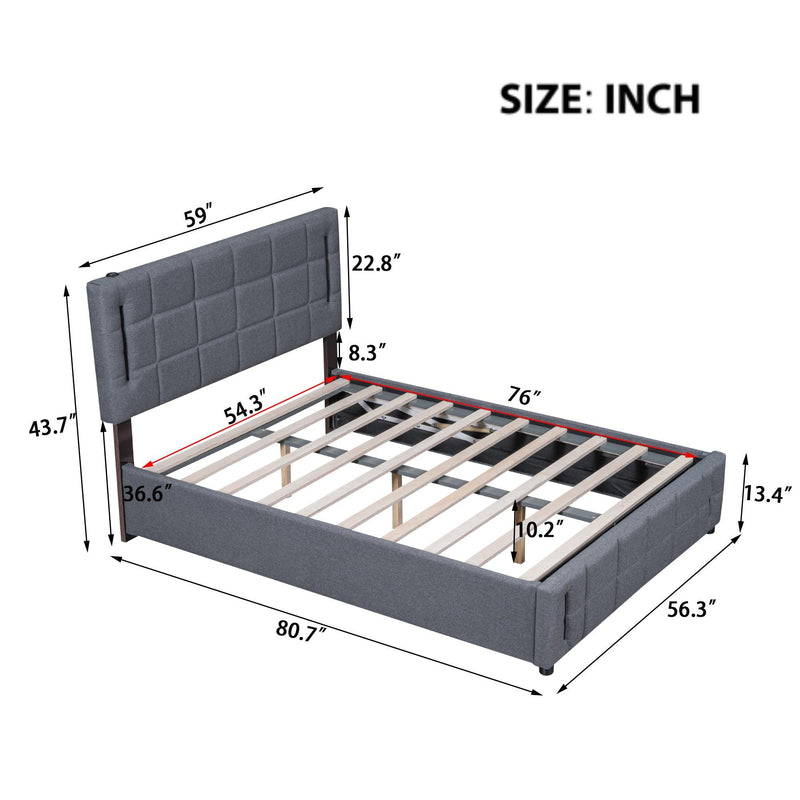 Full Size Upholstered Bed with Hydraulic Storage System and LED Light, Gray - Supfirm