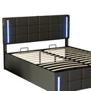 Full Size Upholstered Bed with LED Lights,Hydraulic Storage System and USB Charging Station,Black - Supfirm