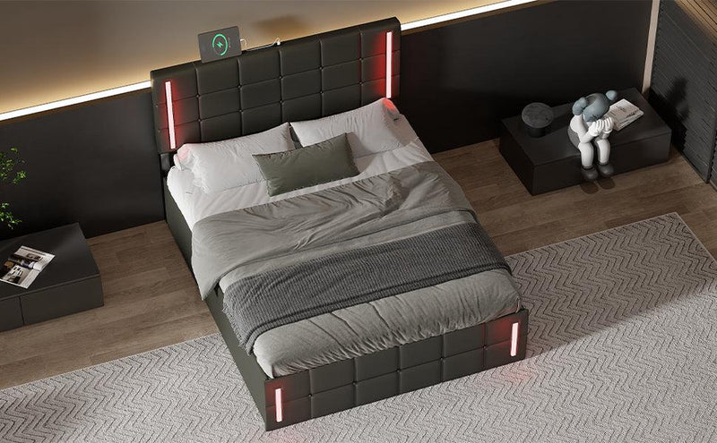 Full Size Upholstered Bed with LED Lights,Hydraulic Storage System and USB Charging Station,Black - Supfirm