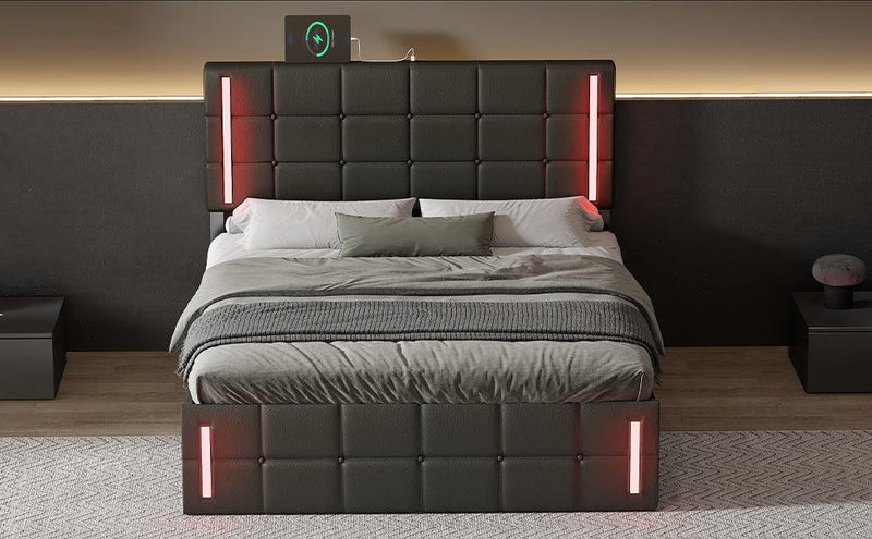 Full Size Upholstered Bed with LED Lights,Hydraulic Storage System and USB Charging Station,Black - Supfirm