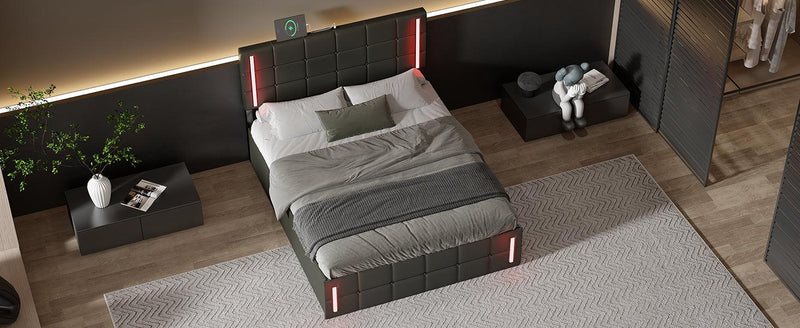 Full Size Upholstered Bed with LED Lights,Hydraulic Storage System and USB Charging Station,Black - Supfirm