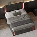 Full Size Upholstered Bed with LED Lights,Hydraulic Storage System and USB Charging Station,Black - Supfirm