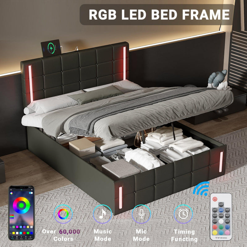 Full Size Upholstered Bed with LED Lights,Hydraulic Storage System and USB Charging Station,Black - Supfirm