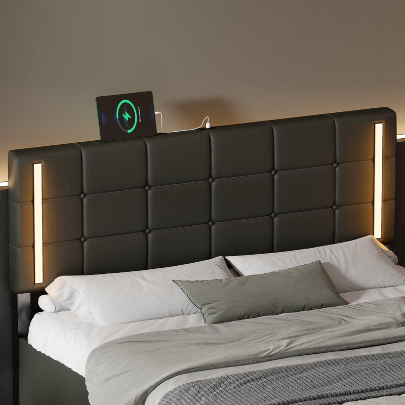 Full Size Upholstered Bed with LED Lights,Hydraulic Storage System and USB Charging Station,Black - Supfirm