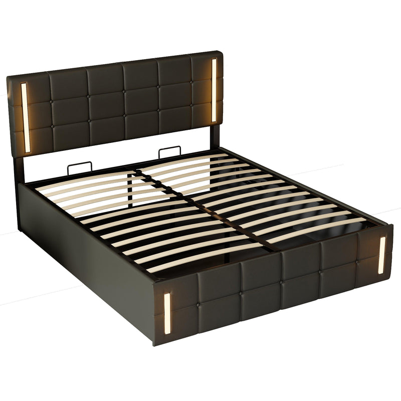 Full Size Upholstered Bed with LED Lights,Hydraulic Storage System and USB Charging Station,Black - Supfirm