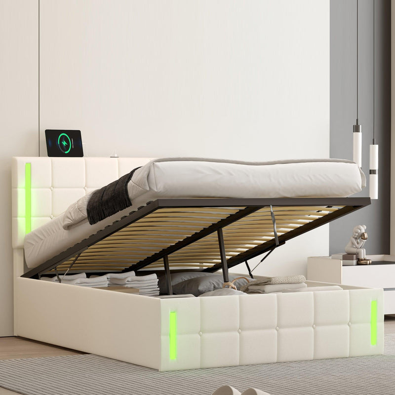 Full Size Upholstered Bed with LED Lights,Hydraulic Storage System and USB Charging Station,White - Supfirm