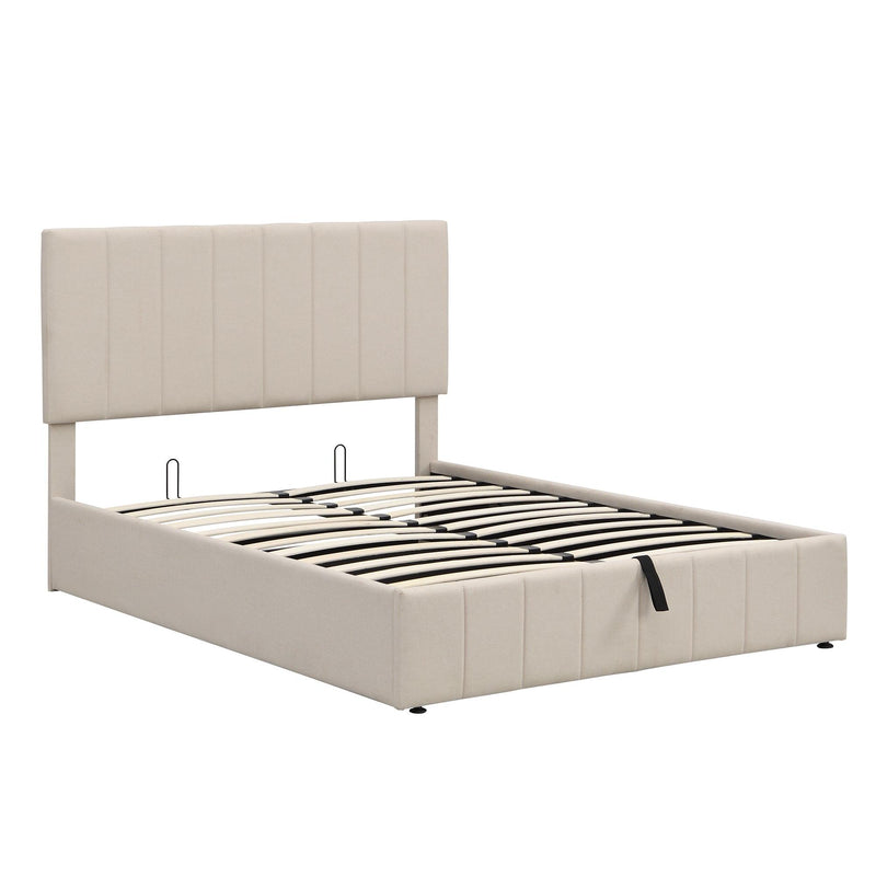 Full size Upholstered Platform bed with a Hydraulic Storage System - Beige - Supfirm