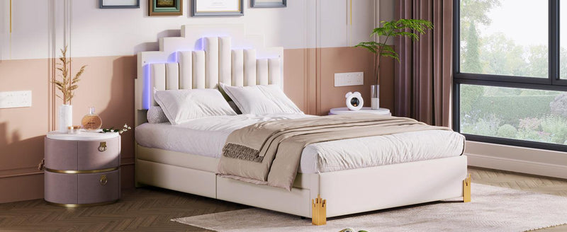 Full Size Upholstered Platform Bed with LED Lights and 4 Drawers, Stylish Irregular Metal Bed Legs Design, Beige - Supfirm