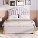 Full Size Upholstered Platform Bed with LED Lights and 4 Drawers, Stylish Irregular Metal Bed Legs Design, Beige - Supfirm