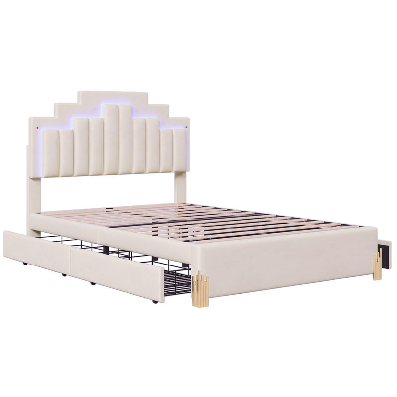 Full Size Upholstered Platform Bed with LED Lights and 4 Drawers, Stylish Irregular Metal Bed Legs Design, Beige - Supfirm