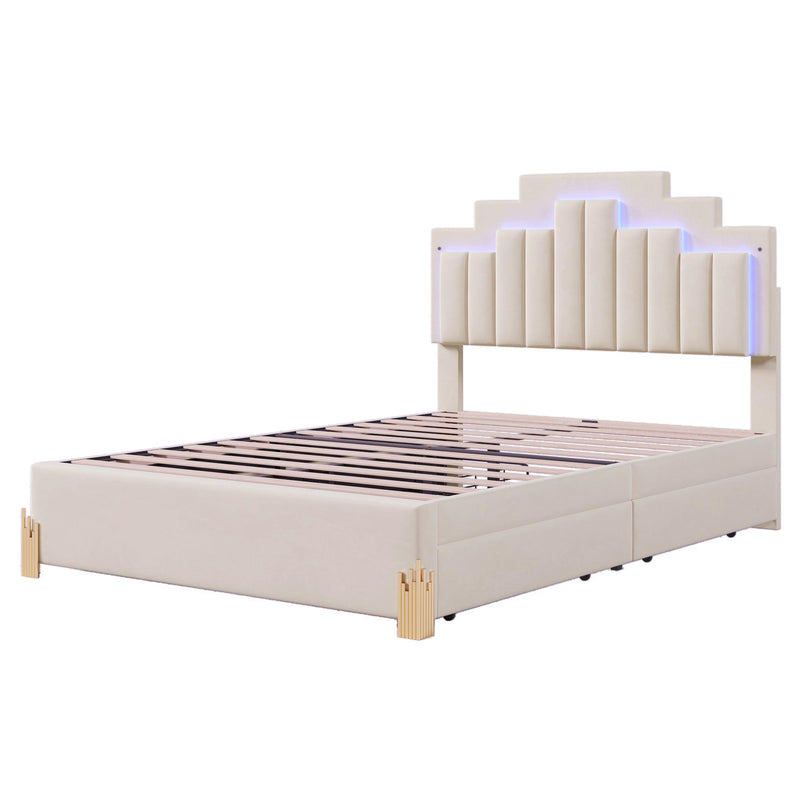 Full Size Upholstered Platform Bed with LED Lights and 4 Drawers, Stylish Irregular Metal Bed Legs Design, Beige - Supfirm