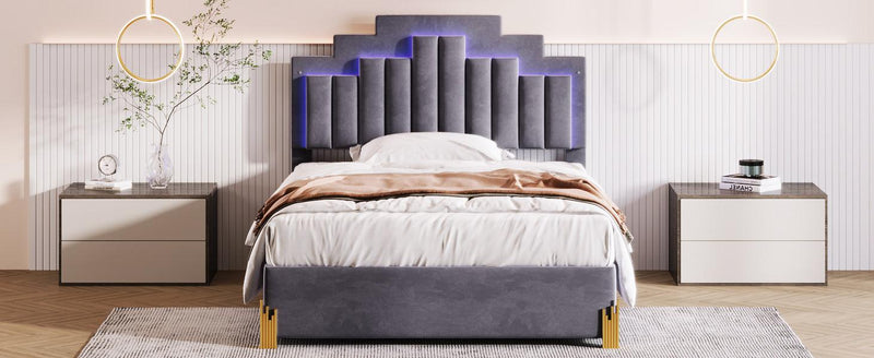 Full Size Upholstered Platform Bed with LED Lights and 4 Drawers, Stylish Irregular Metal Bed Legs Design, Gray - Supfirm