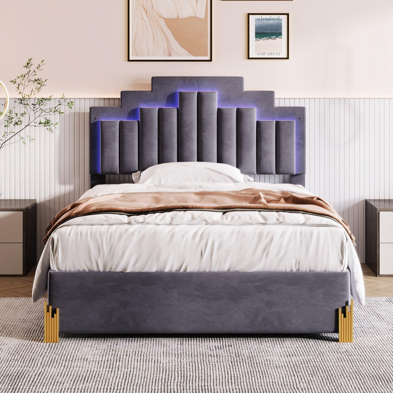 Full Size Upholstered Platform Bed with LED Lights and 4 Drawers, Stylish Irregular Metal Bed Legs Design, Gray - Supfirm